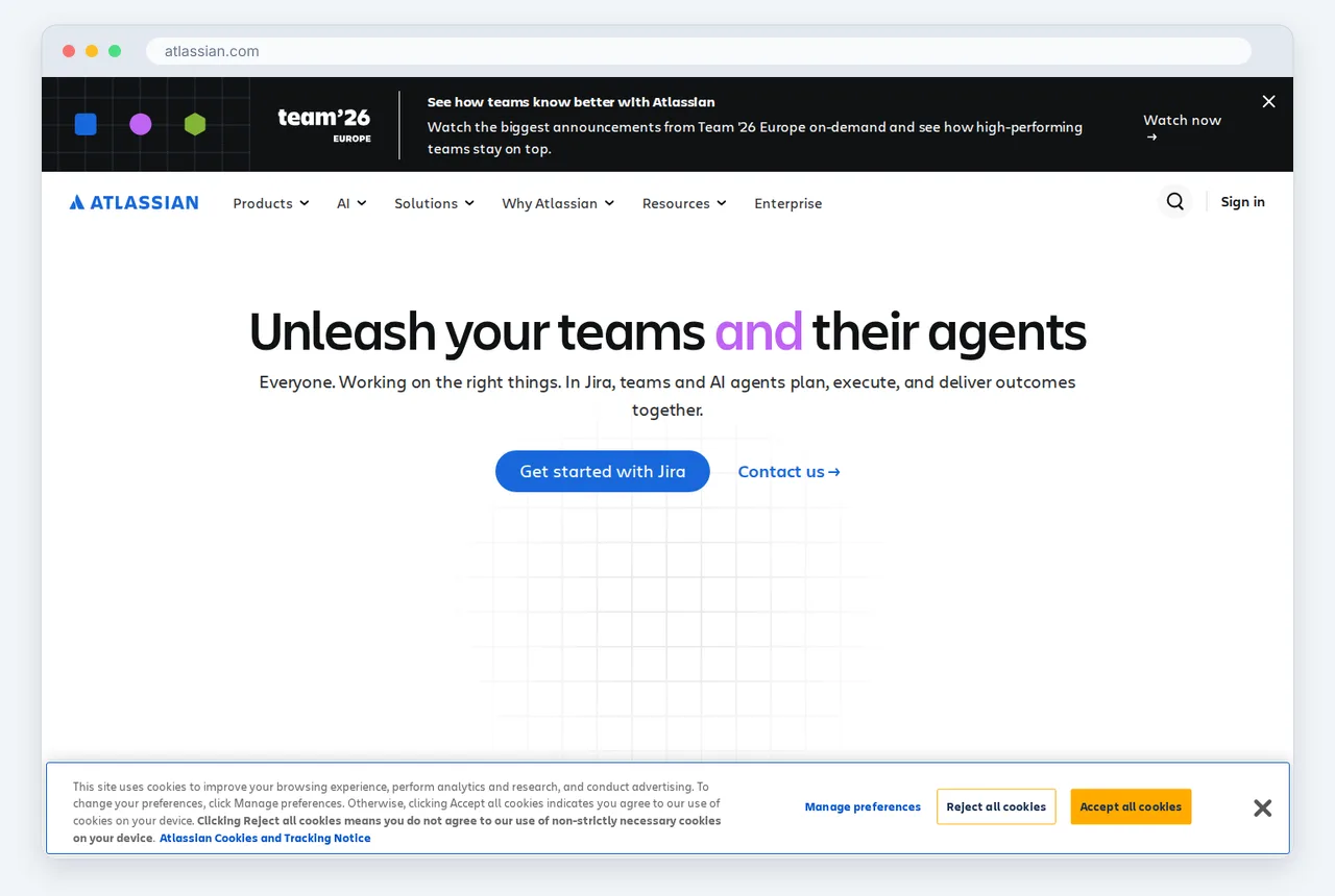 Screenshot of the Jira homepage captured in October 2026, shown with Criteria for ranking the top agile project management tools