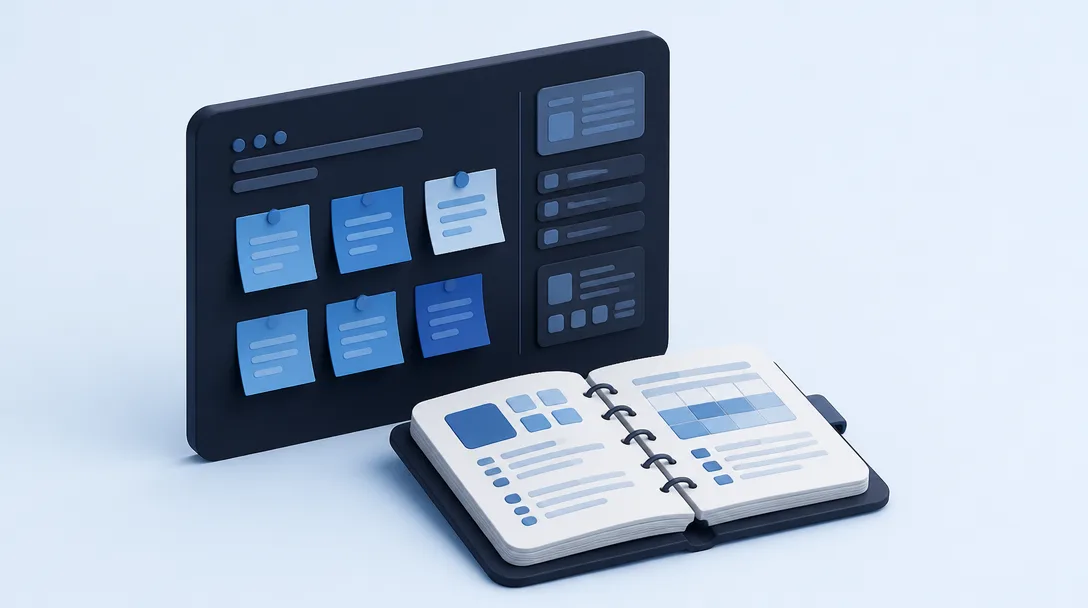 A 3D render of a digital whiteboard with sticky notes next to an open database-style notebook.