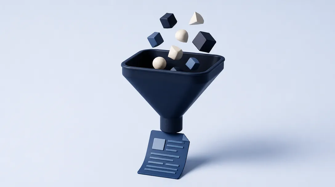 A 3D render of a blue funnel processing geometric shapes into a structured document.