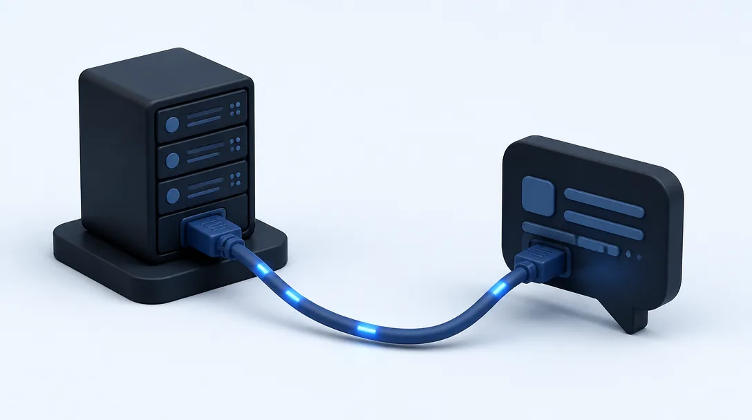 A thick blue cable connecting a server block to a large chat bubble on a pale background.