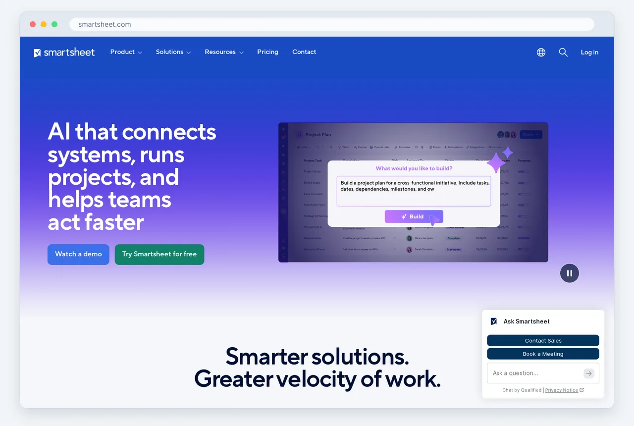 Screenshot of the Smartsheet homepage captured in October 2026, shown with Enterprise and niche agile solutions for scale
