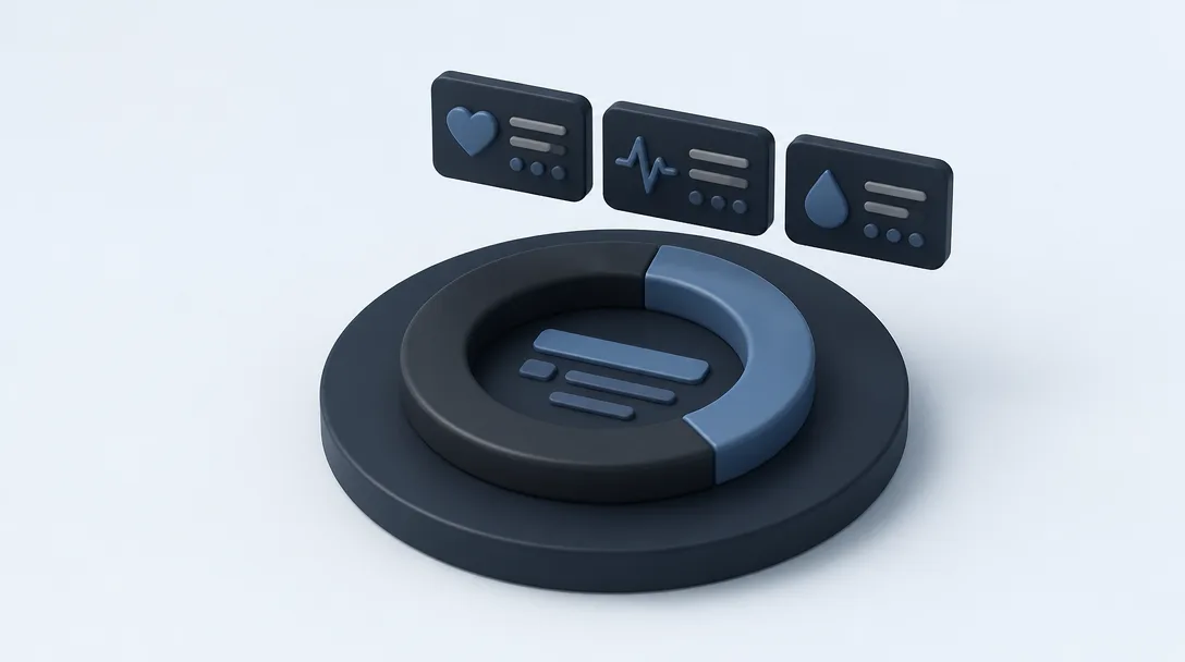 A 3D render of a progress ring and floating status tiles on a circular platform.