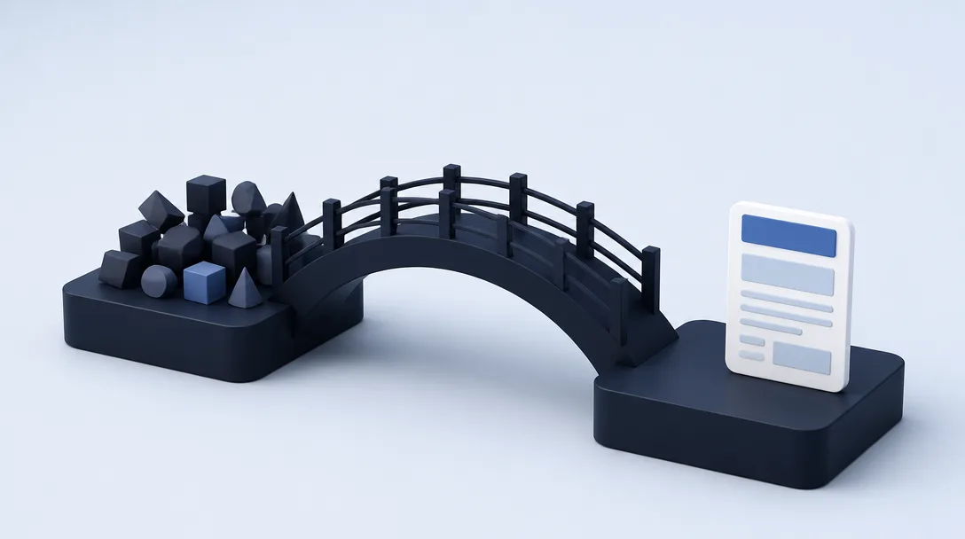 A deep blue bridge connecting a pile of complex shapes to a clean, structured document on separate platforms.