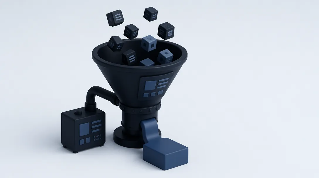 A deep blue funnel transforms small symbolic cubes into a single, solid rectangular block.